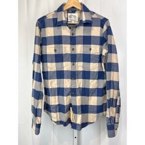 MUGSY Plaid Check Button Down Flannel Shirt Long Sleeve Cotton Blue Beige XS